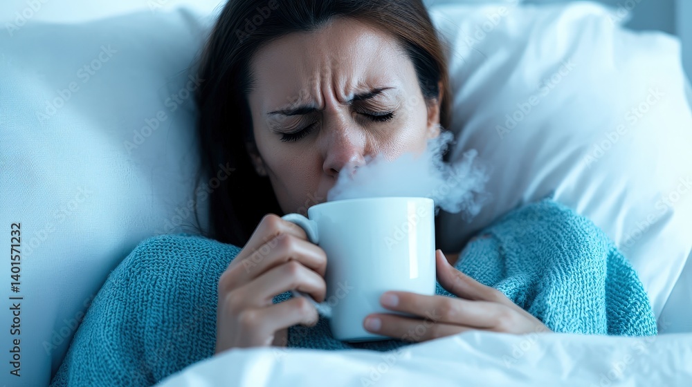 A woman in bed looks distressed while holding a steaming mug, suggesting discomfort or illness.