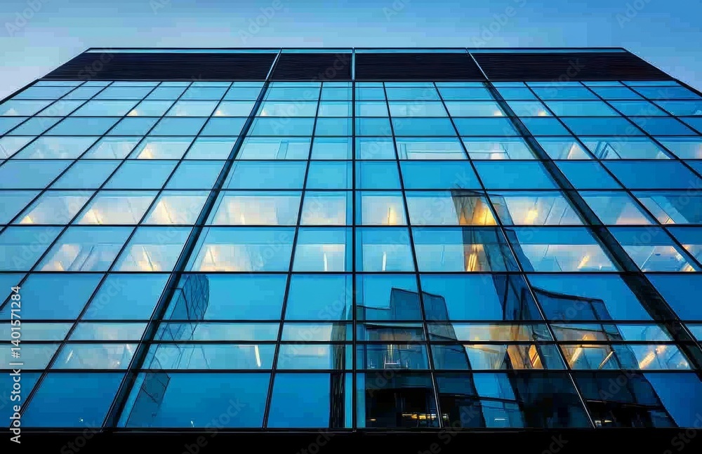 At a low angle, the reflective skyscrapers and business office buildings with glass curtain walls mirror the blue sky and white clouds. This scene showcases modern corporate and financial real At a low angle, the reflective skyscrapers and business office buildings with glass curtain walls mirror the blue sky and white clouds. This scene showcases modern corporate and financial real