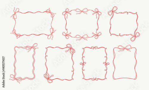Bow Frame Y2K Coquette Pen Outline Cute Fashion or Baby Shower Feminine Ribbon Border, Charming Rectangle or Square Ink Doodle for Valentine Vector Illustration