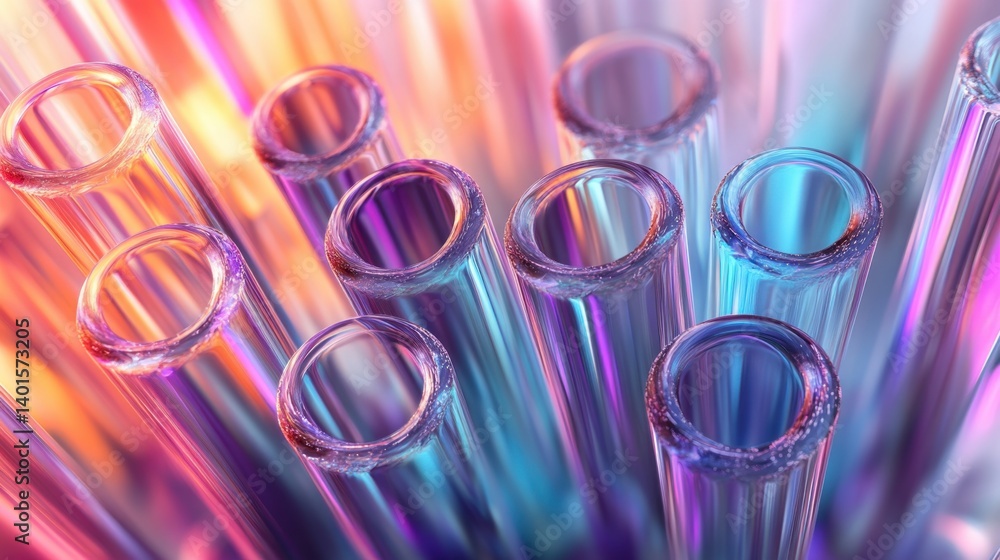 Iridescent test tubes arranged in a vibrant, colorful abstract pattern with a glowing, futuristic aesthetic Iridescent test tubes arranged in a vibrant, colorful abstract pattern with a glowing, futuristic aesthetic
