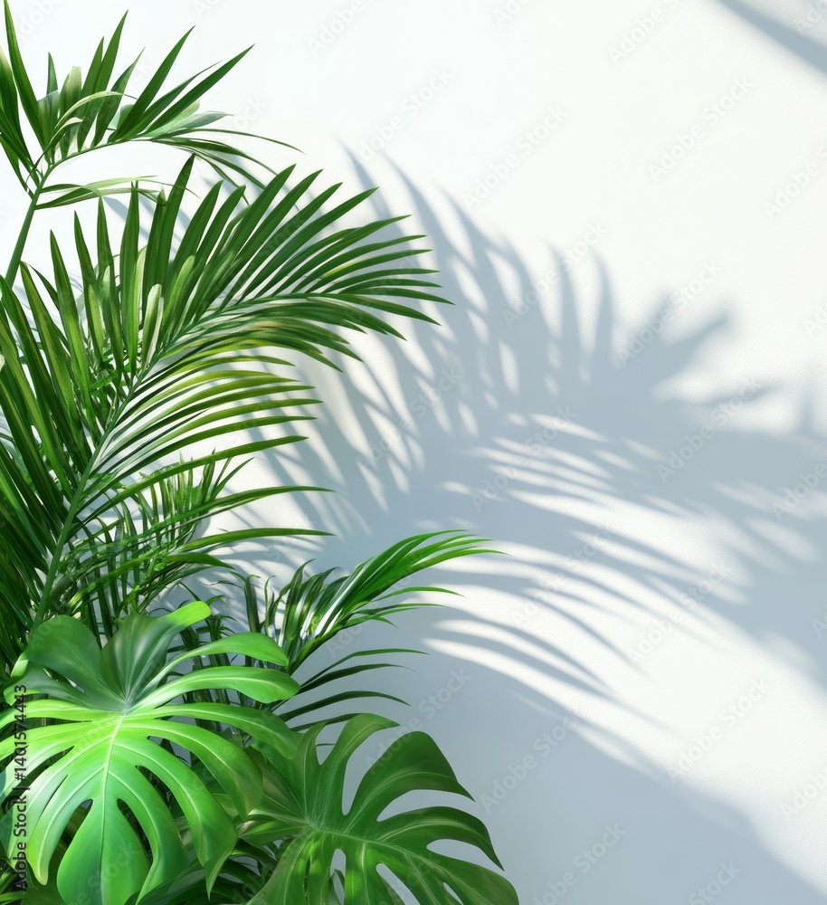Fototapeta premium Lush Green Plants Casting Shadows on a Light Wall in a Bright Indoor Space During Daylight Hours
