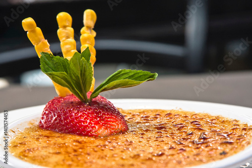 Fotografie Corn creme brulee with strawberry, on a plate, crème brûlée dessert
