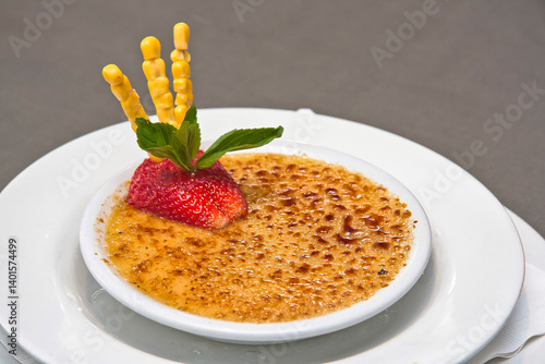 Fotografie Corn creme brulee with strawberry, on a plate, crème brûlée dessert
