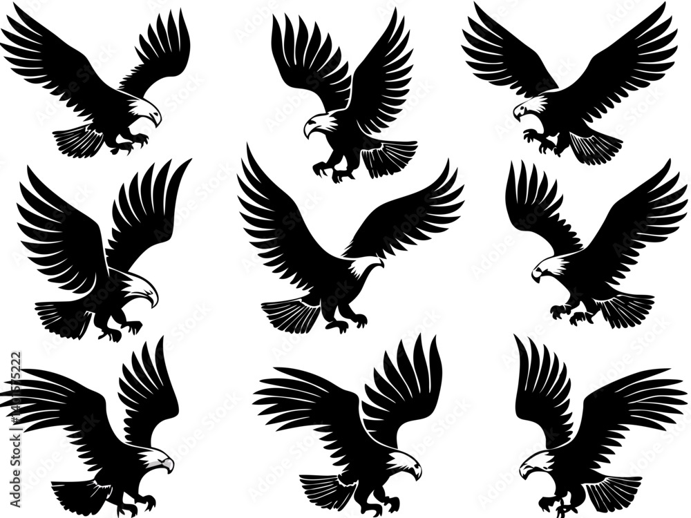 Obraz premium Nine eagles in flight with wings spread in a symmetrical pattern in black and white graphic design