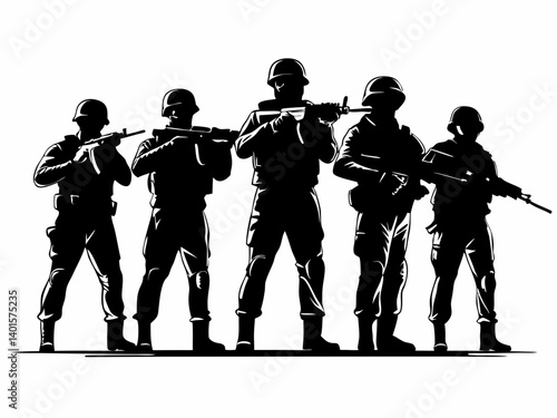 Silhouette depiction of five soldiers standing in formation holding rifles in a monochrome design art style