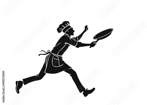 Silhouette of a running chef holding a frying pan wearing an apron and chef hat in black and white