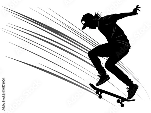 Silhouette of a skateboarder in motion with speed lines creating a dynamic and energetic image effect