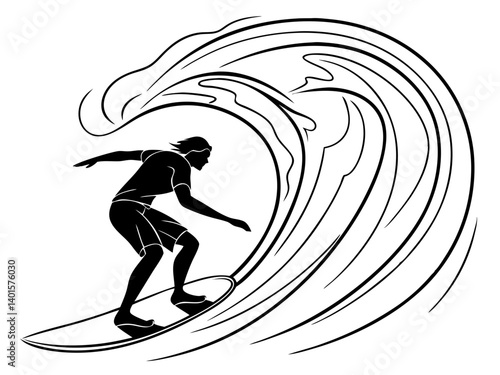 Silhouette of surfer riding a wave with arms outstretched against a white background line drawing art style