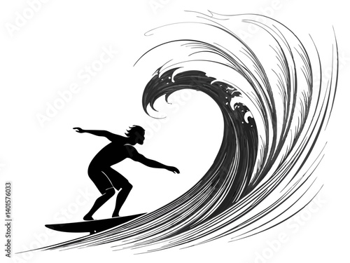 Silhouette of a surfer riding a wave with stylized water swirls in a black and white illustration