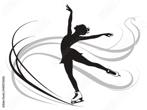 Silhouette of a female figure skater in a graceful pose with abstract swirling background design element