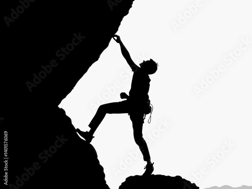 Silhouette of a man climbing a rock face with safety gear against a bright white background scene view