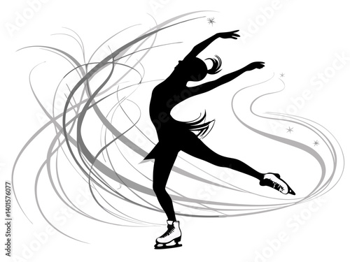 Silhouette of a female figure skater in motion with swirling lines and star accents design element