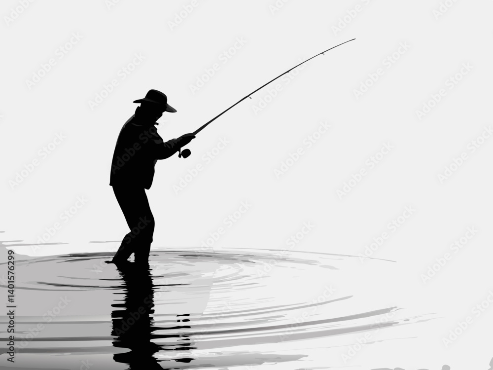 Obraz premium Silhouette of a fisherman standing in water holding a fishing rod against a light background scene outdoors