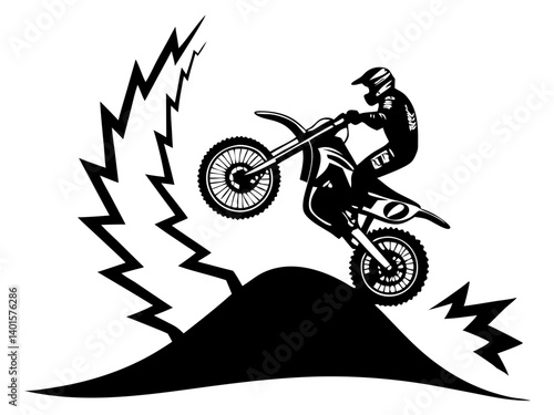 Silhouette of a motocross rider performing a wheelie on a hill with lightning in the background design