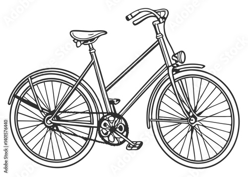 Illustration of a classic bicycle with detailed frame wheels and seat in black and white outline style