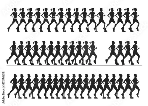 Silhouettes of people running in rows showing a sense of unity and synchronized movement in sport