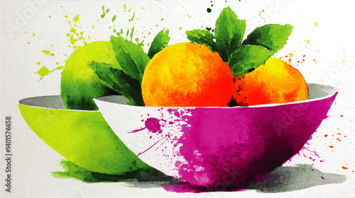 Vibrant Watercolor Illustration of Fresh Citrus Fruit and Green Apples in Colorful Modern Bowls with Splatter Paint Effect Ideal for Kitchen Decor and Graphic Design