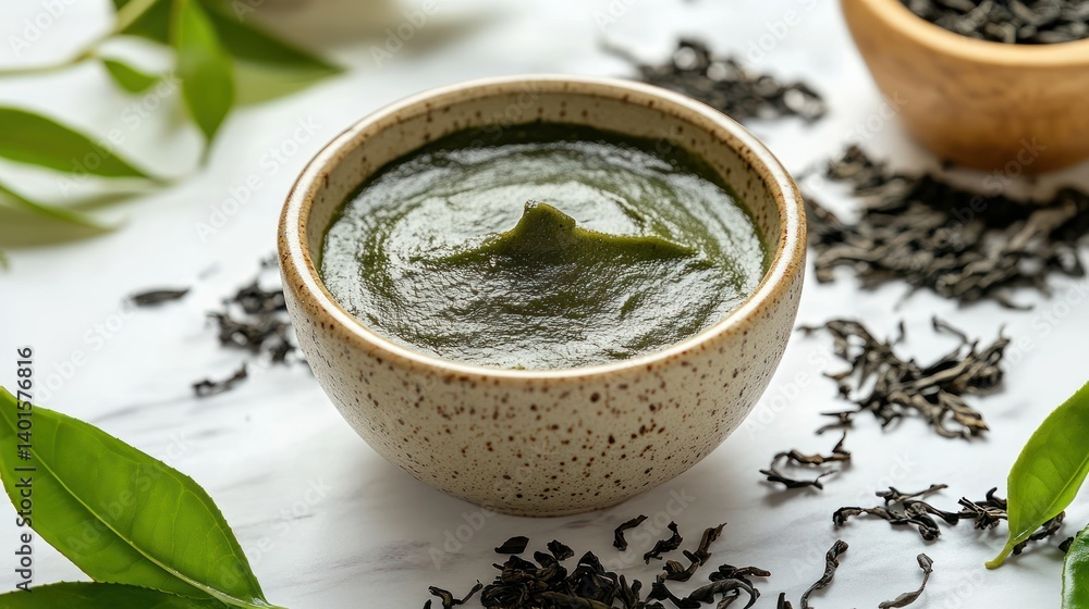 Green Tea Paste in a Bowl with Loose Leaf Tea Green Tea Paste in a Bowl with Loose Leaf Tea