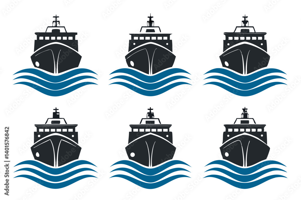 Obraz premium Six identical ship icons sailing on wavy blue sea in a pattern on a white background design template
