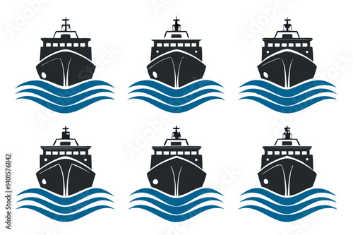 Six identical ship icons sailing on wavy blue sea in a pattern on a white background design template