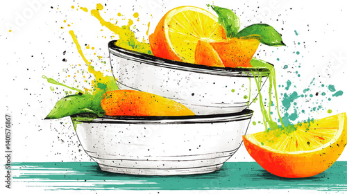 Vibrant Vector Illustration of Juicy Citrus Fruits in Stacked Bowls with Artistic Colorful Paint Splashes Ideal for Food Art and Modern Kitchen Decor Inspiration