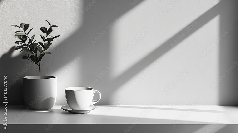 Obraz premium Sleek White Chair Positioned in a Minimalist Room With Sunlight Casting Striking Shadows Through a Window During Afternoon Hours