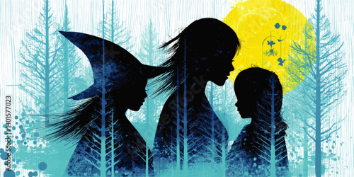 Enchanting Vector Digital Art Illustration of Silhouettes Featuring Witch Woman Child in Mystical Forest Scene with Moonlight Magical Fantasy and Nature Elements Background