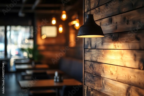 Modern lamp on wooden wall decor in living room at hotel or restaurant Cozy wooden interior restaurant, copy space Comfortable modern dining place, contemporary design background