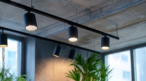 Modern LED black track spotlights in the interior Hanging lamps spotlights attached to a concrete ceiling in an office loft room