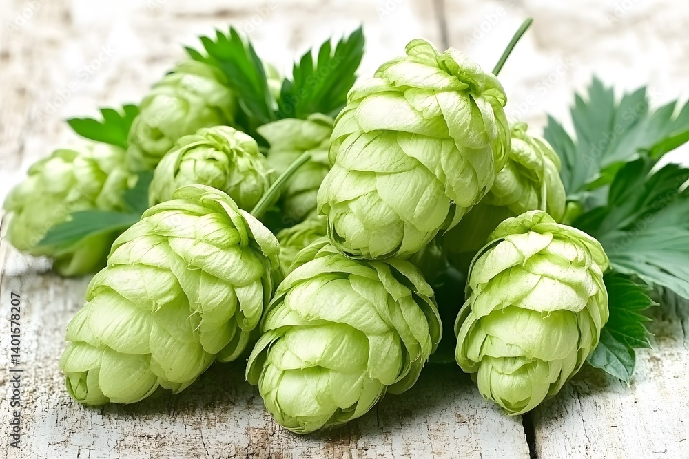 Fresh Green Hops Cones on Wooden Background, Closeup Fresh Green Hops Cones on Wooden Background, Closeup