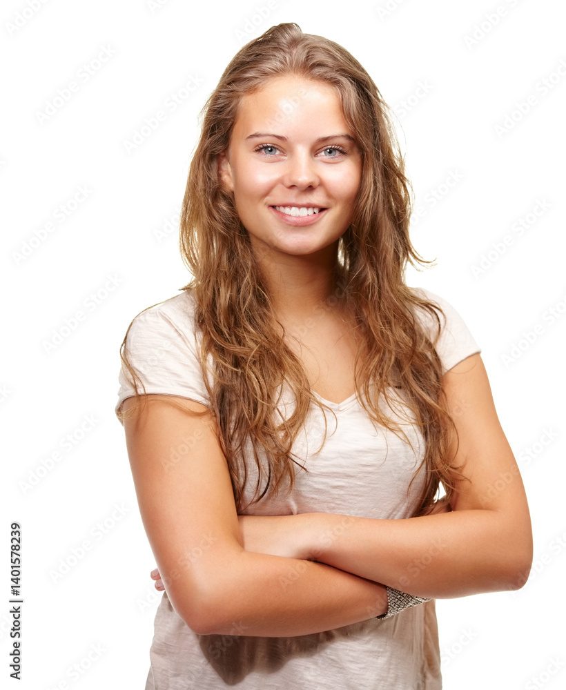 Portrait, fashion and smile with woman arms crossed in studio isolated on white background for style. Model, hair and clothes with happy young blonde person in trendy or casual clothing outfit Portrait, fashion and smile with woman arms crossed in studio isolated on white background for style. Model, hair and clothes with happy young blonde person in trendy or casual clothing outfit