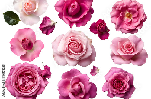 Fototapeta Naklejka Na Ścianę i Meble -  Assorted pink roses on transparent PNG background. Flatlay top view of rose flowers. Floral graphic resources. Created with Generative AI.