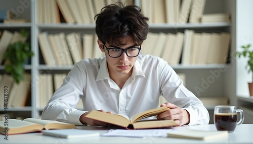 Young student reading a book and studying at home
