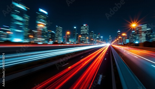 Light trails illuminating highway leading to urban skyscrapers at night