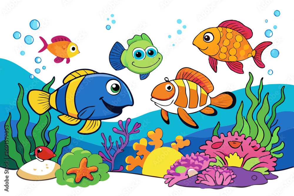 Naklejka premium Underwater Scene with Jellyfish and Turtles