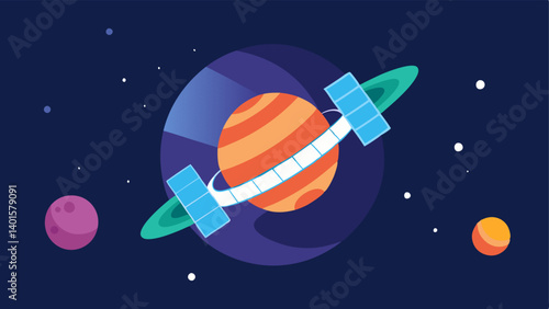 Orbiting Space Station A circular space station with solar panels extending outward slowly rotating as it orbits around a colorful planet in the background.