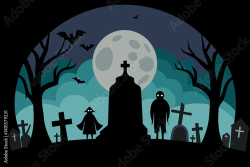 Ghosts in Graveyard Under Full Moon