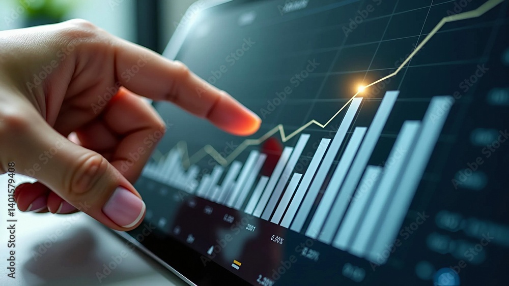 Businesswoman analyzing financial growth on digital tablet Businesswoman analyzing financial growth on digital tablet