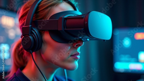 Software engineer wearing vr headset exploring virtual reality in neon light