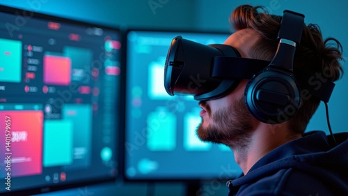 Software developer wearing vr headset working on computer in office at night