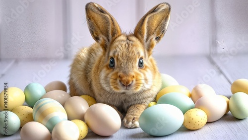 Easter bunny relaxing with colorful eggs on white background