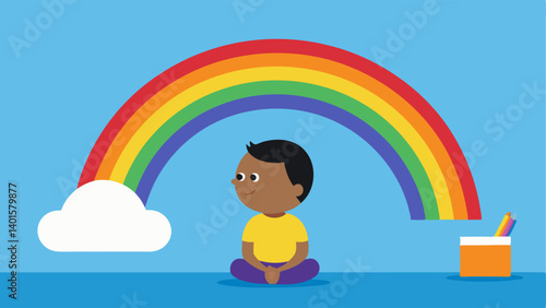 Hope and Dreams A child looking up at a vibrant rainbow while sitting next to a pile of work materials symbolizing dreams of education and a brighter future amidst adversity.