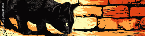 Detailed Vector Illustration of Stealthy Black Cat Walking Near Vibrant Brick Wall Background Digital Art for Home Decor Posters Prints and Creative Design Inspiration