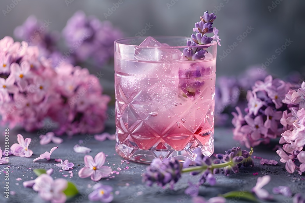 A lavender cocktail is displayed in a decorative glass filled with ice, garnished with fresh lavender flowers. Surrounding the drink are beautiful purple blossoms, enhancing the vibrant atmosphere A lavender cocktail is displayed in a decorative glass filled with ice, garnished with fresh lavender flowers. Surrounding the drink are beautiful purple blossoms, enhancing the vibrant atmosphere