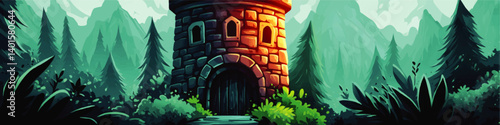 Enchanting Fantasy Tower in Mystical Forest Scene Vector Illustration With Vibrant Colors for Games Backgrounds Fairy Tale Storytelling Magical Adventure Images
