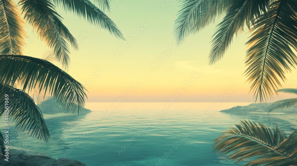 Serene Tropical Beach at Sunset With Palm Trees Framing Calm Waters and Soft Pastel Sky Hues Serene Tropical Beach at Sunset With Palm Trees Framing Calm Waters and Soft Pastel Sky Hues