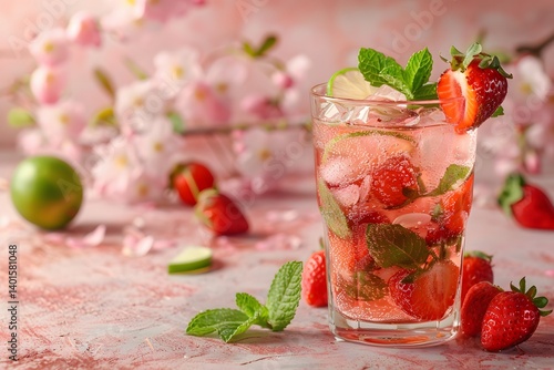 A vibrant glass of strawberry mojito sits on a countertop surrounded by fresh strawberries and mint leaves. The drink is garnished with lime and mint, creating a refreshing summer vibe