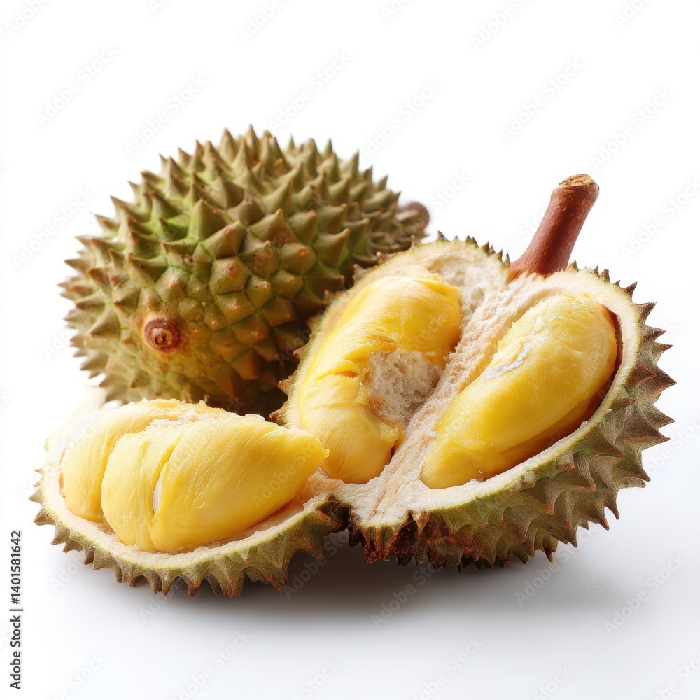 Fototapeta premium Close up of durian fruit with yellow flesh isolated on white background