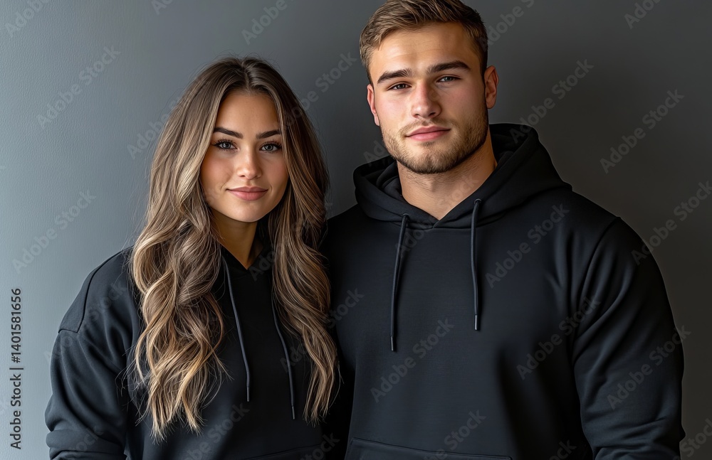 A trendy young couple models black hoodies outdoors for a clothing mock-up design. This fashion template, suitable for branding and print, features an elegant streetwear style on both a man and A trendy young couple models black hoodies outdoors for a clothing mock-up design. This fashion template, suitable for branding and print, features an elegant streetwear style on both a man and