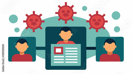 Information Virus A virus icon made of news headlines infecting a group of people depicted as digital avatars showing how misinformation spreads like an illness.